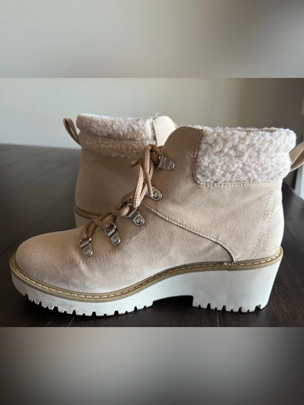Women's Cream Lace-Up Faux Shearling Ankle Boots